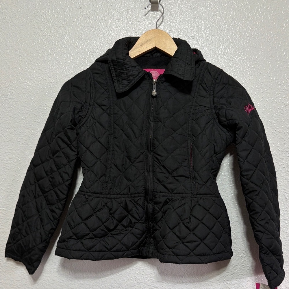 Weatherproof Girls Black Quilted Puffer Jacket Pink Plaid Lining Hooded  S 7/8
